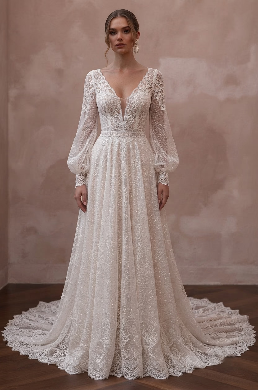 Chantilly Lace Wedding Dresses with Romantic Sleeves - Apparel & Accessories > Clothing > Wedding & Bridal Party Dresses > Wedding Dresses - Mignonette