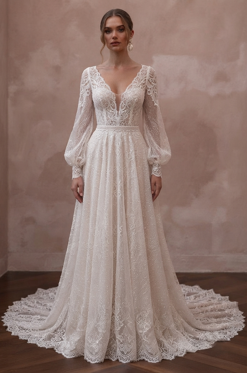 Chantilly Lace Wedding Dresses with Romantic Sleeves Main image