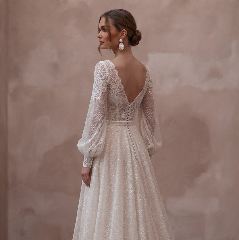 Chantilly Lace Wedding Dresses with Romantic Sleeves - Apparel & Accessories > Clothing > Wedding & Bridal Party Dresses > Wedding Dresses - Mignonette