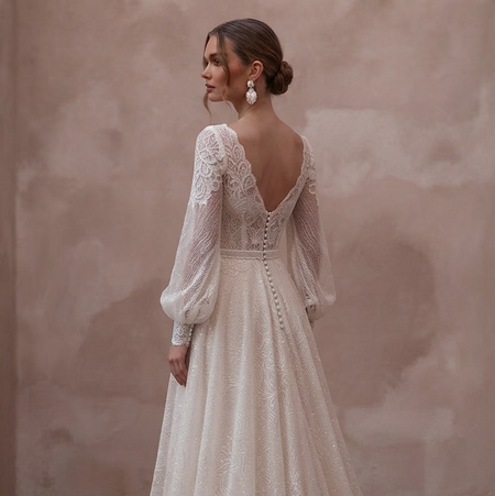 Chantilly Lace Wedding Dresses with Romantic Sleeves - Apparel & Accessories > Clothing > Wedding & Bridal Party Dresses > Wedding Dresses - Mignonette