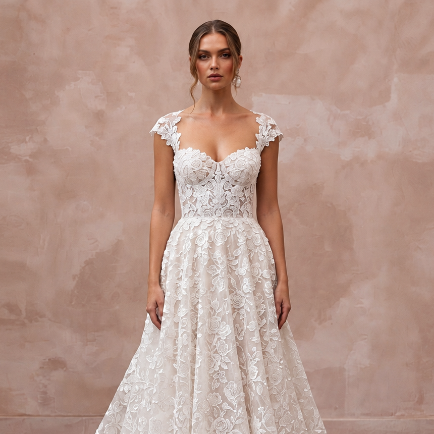 Floral lace bridal dress with chapel train, perfect for a garden wedding, featuring a sweetheart neckline and cap sleeves.