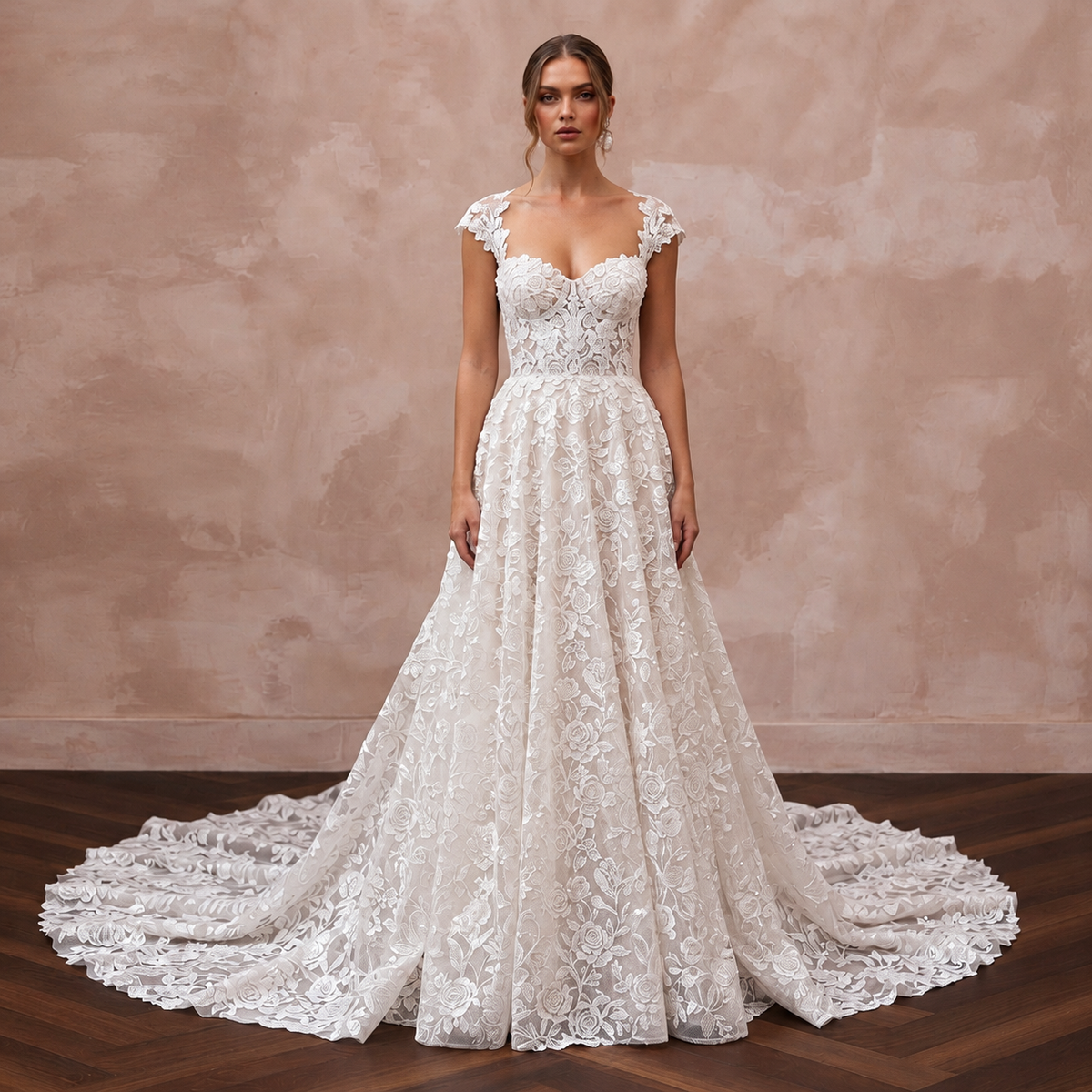 Chapel Train Floral Lace Bridal Dress with cap sleeves, perfect for a romantic garden wedding. Elegant and timeless.