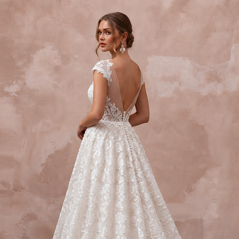 Chapel Train Floral Lace Bridal Dress with Open Back, perfect for a romantic garden wedding. Elegant and timeless.