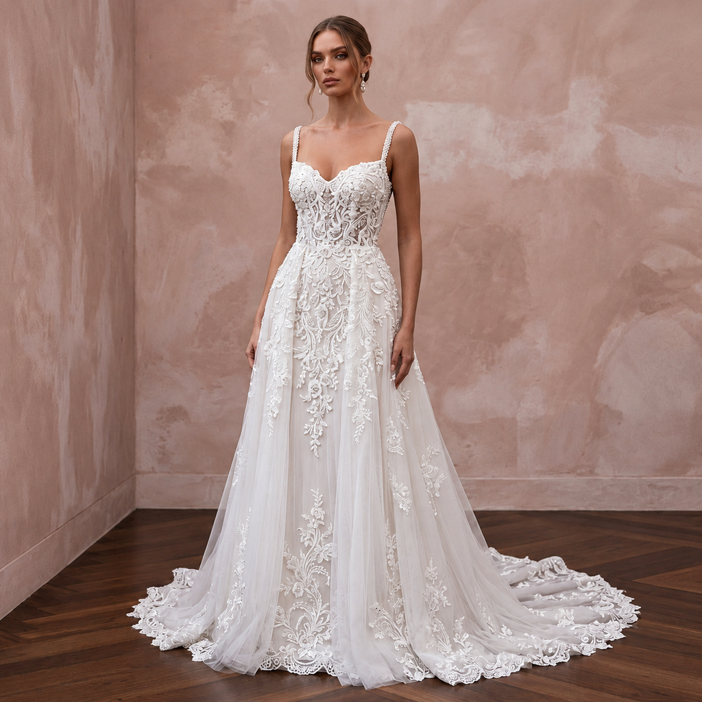 Chapel train lace wedding dress featuring an A-line silhouette and intricate floral embroidery. Perfect for a bride.