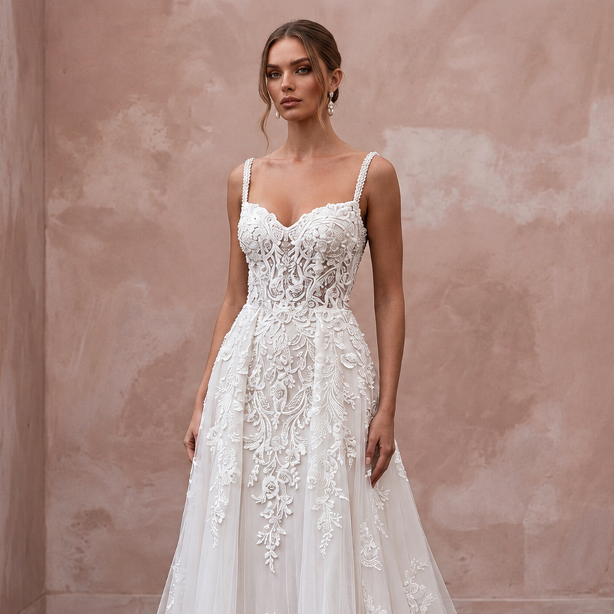 Chapel Train Lace Wedding Dress with A-Line Silhouette, featuring intricate embroidery and delicate straps.