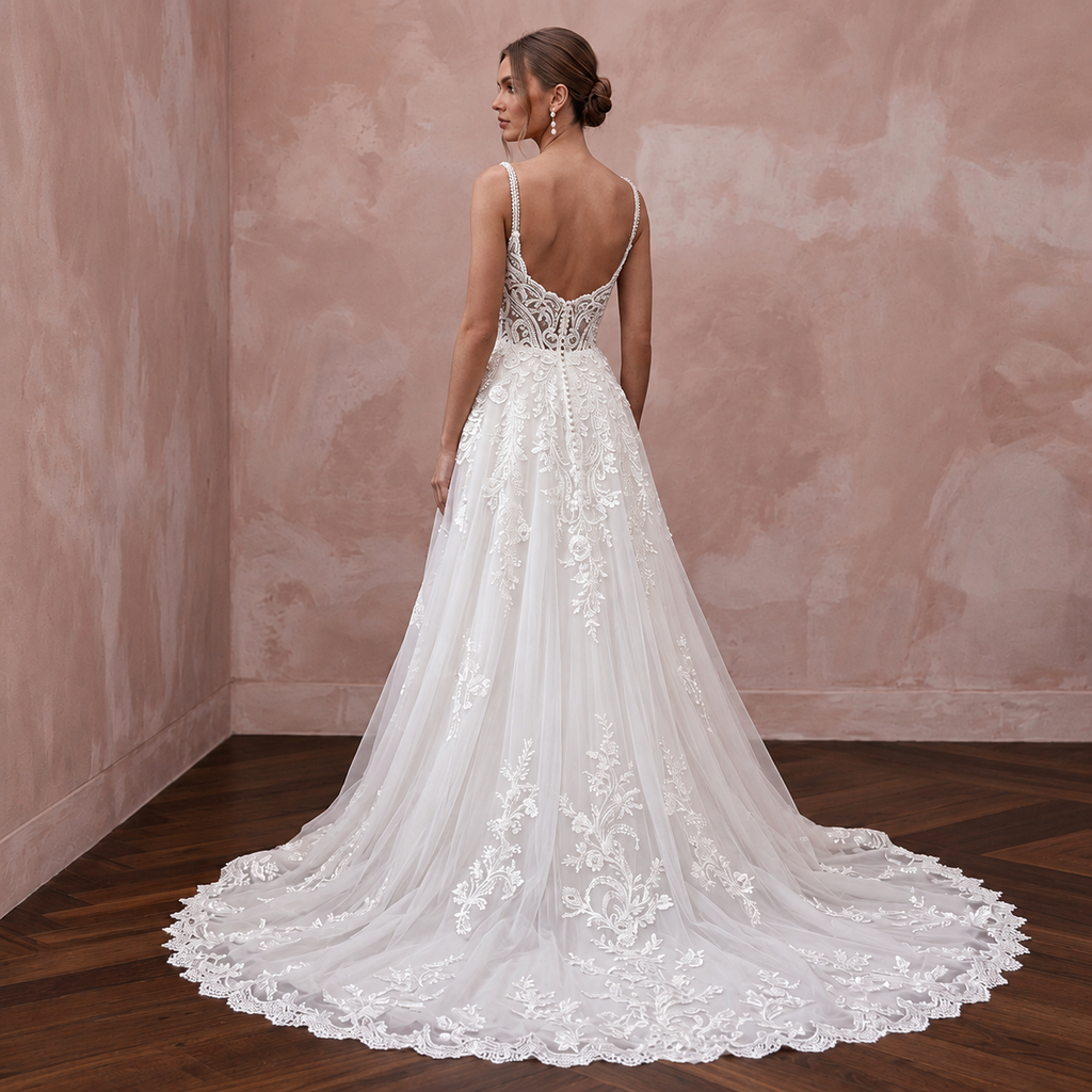 Elegant A-Line wedding dress with lace detailing and chapel train, showcasing a beautiful back design.