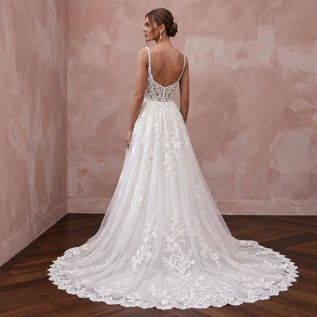 Elegant A-Line wedding dress with lace detailing and chapel train, showcasing a beautiful back design.