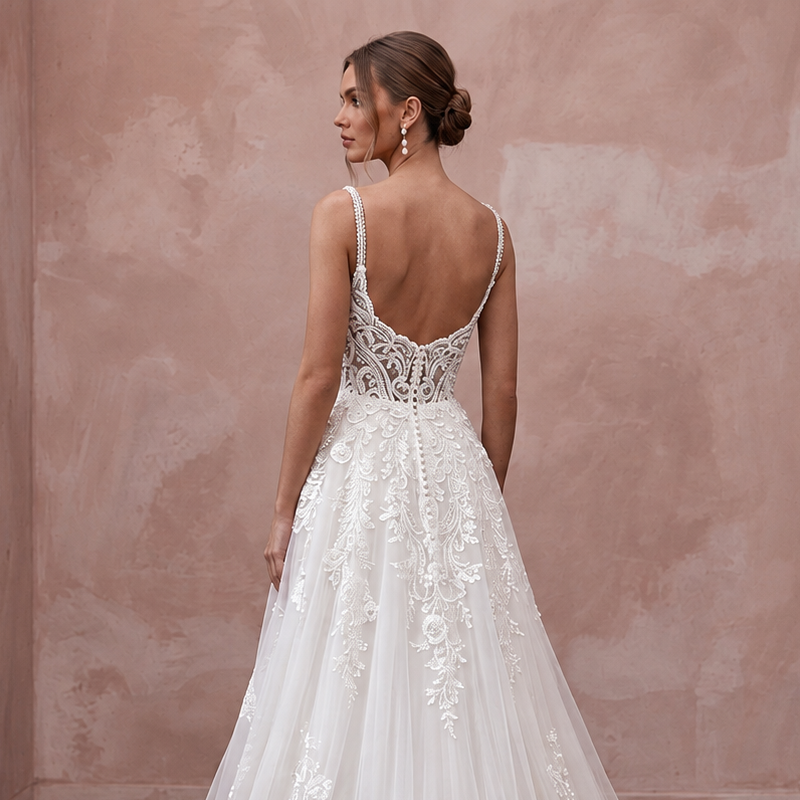 Chapel train lace wedding dress with A-line silhouette, featuring intricate embroidery and a deep back design.