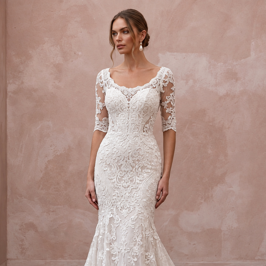Chapel train mermaid lace bridal dress with intricate detailing, perfect for a church wedding. Elegant and timeless design.