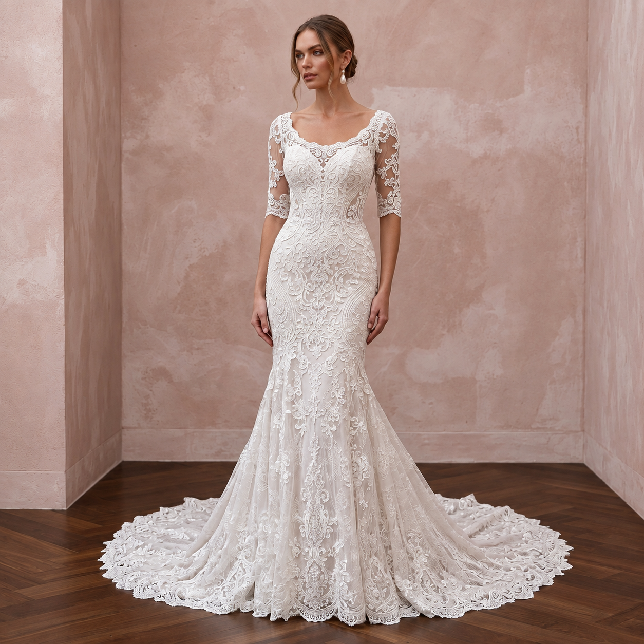 Chapel train mermaid lace bridal dress featuring elegant detailing, perfect for a church wedding.