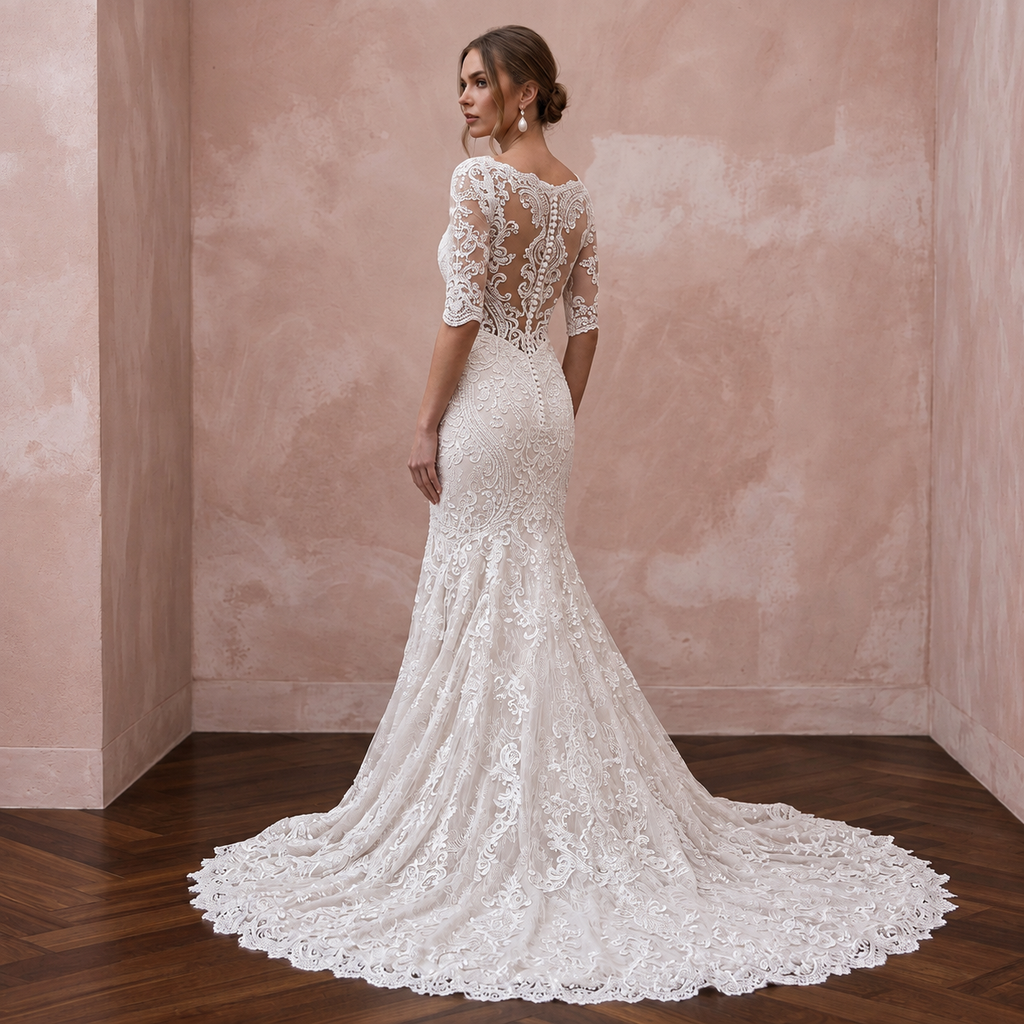 Elegant mermaid lace bridal dress with chapel train and sheer back, perfect for a church wedding.