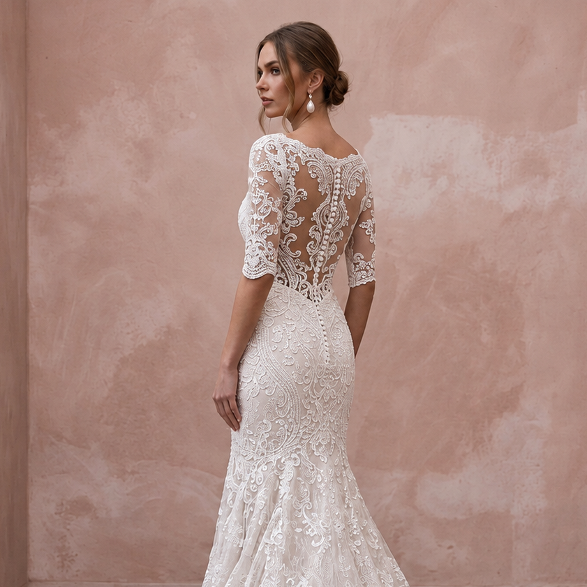 Elegant mermaid lace bridal dress with chapel train, featuring a detailed back and three-quarter sleeves, perfect for a church wedding.