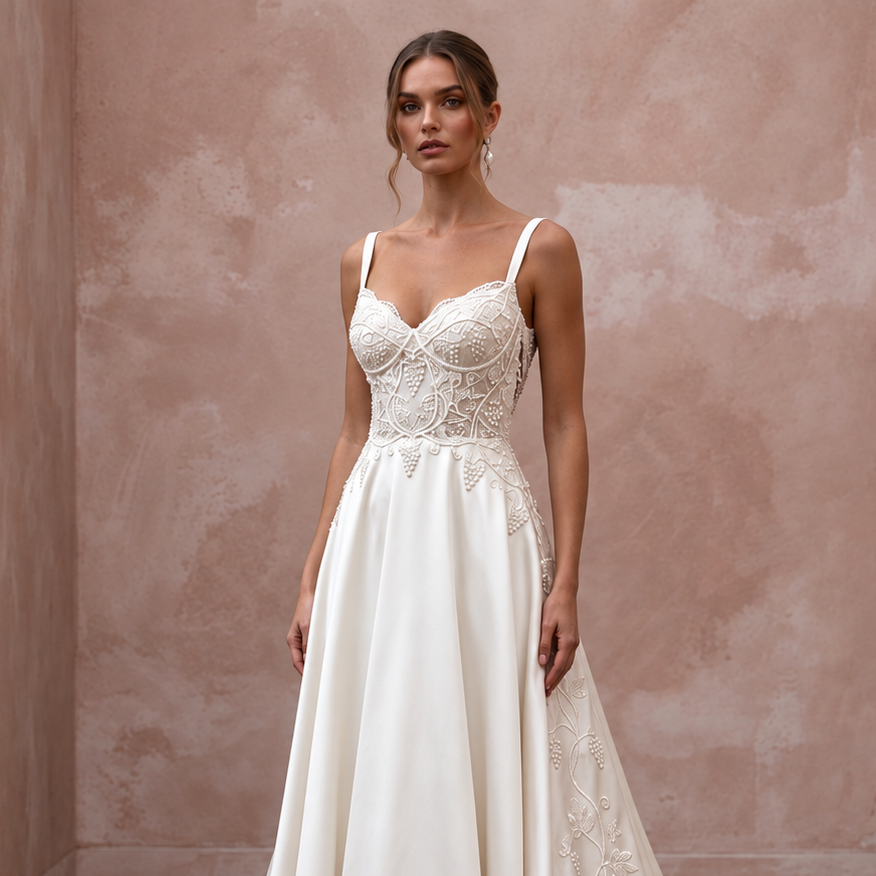Elegant satin bridal dress featuring intricate beading, perfect for a vineyard wedding with a chapel train.