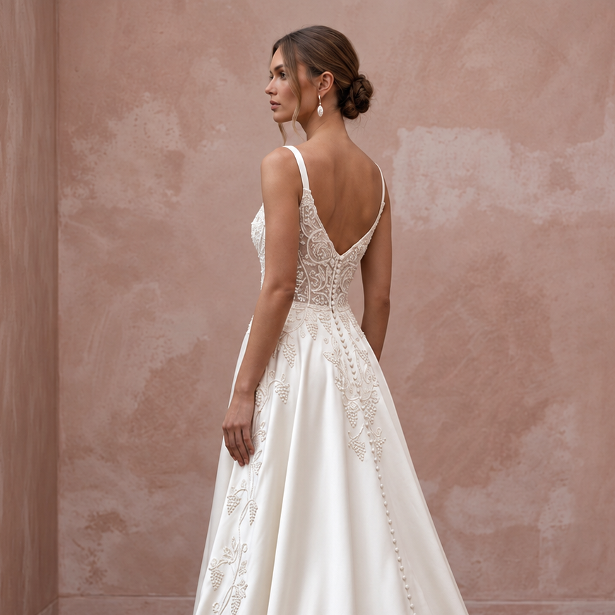 Elegant satin bridal dress with intricate embroidery, perfect for a vineyard wedding. Features a chapel train and back detail.