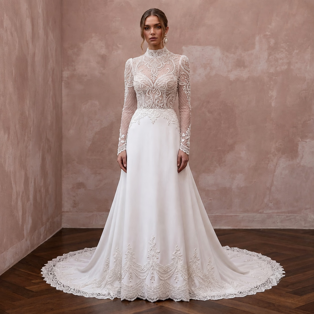 Chapel Train Wedding Dresses with Delicate Lace Borders - Apparel & Accessories > Clothing > Wedding & Bridal Party Dresses > Wedding Dresses - Mignonette Bridal