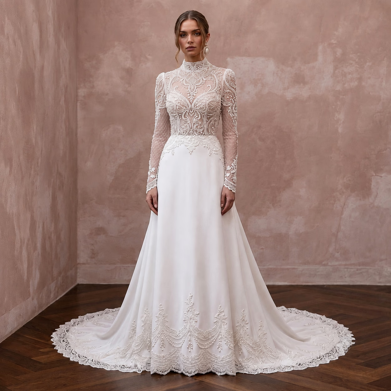 Chapel Train Wedding Dresses with Delicate Lace Borders - Apparel & Accessories > Clothing > Wedding & Bridal Party Dresses > Wedding Dresses - Mignonette Bridal