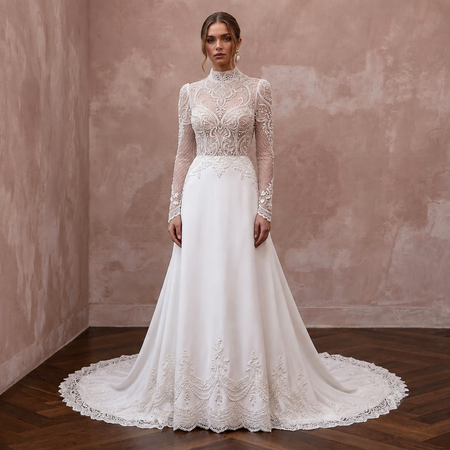 Chapel Train Wedding Dresses with Delicate Lace Borders - Apparel & Accessories > Clothing > Wedding & Bridal Party Dresses > Wedding Dresses - Mignonette Bridal