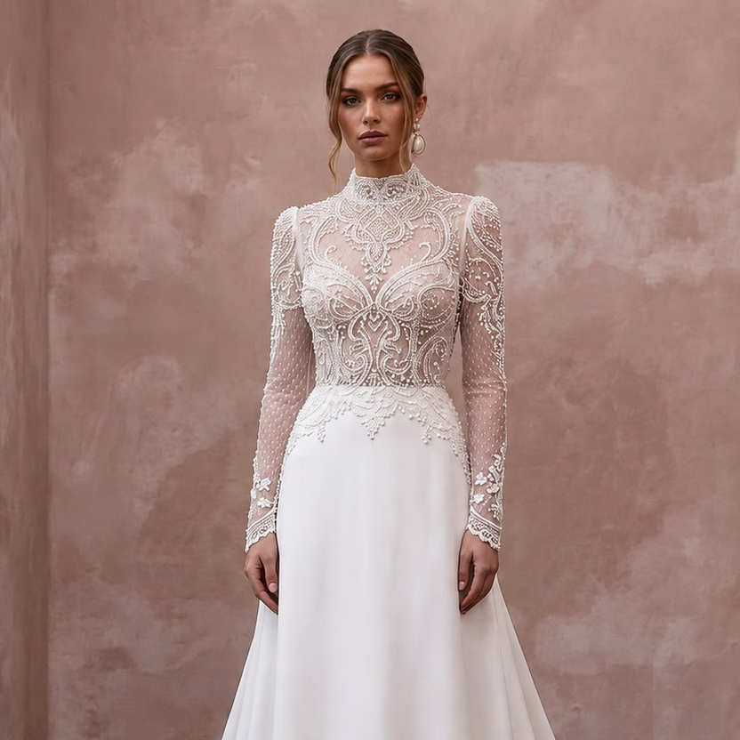 Chapel Train Wedding Dresses with Delicate Lace Borders - Apparel & Accessories > Clothing > Wedding & Bridal Party Dresses > Wedding Dresses - Mignonette Bridal