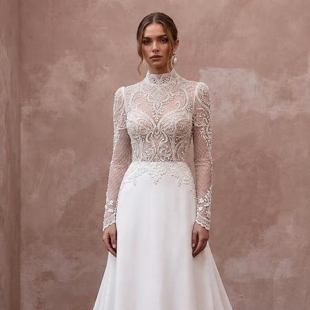 Chapel Train Wedding Dresses with Delicate Lace Borders - Apparel & Accessories > Clothing > Wedding & Bridal Party Dresses > Wedding Dresses - Mignonette Bridal