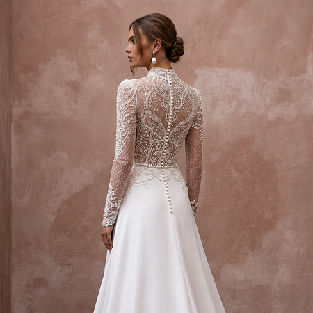 Chapel Train Wedding Dresses with Delicate Lace Borders - Apparel & Accessories > Clothing > Wedding & Bridal Party Dresses > Wedding Dresses - Mignonette Bridal