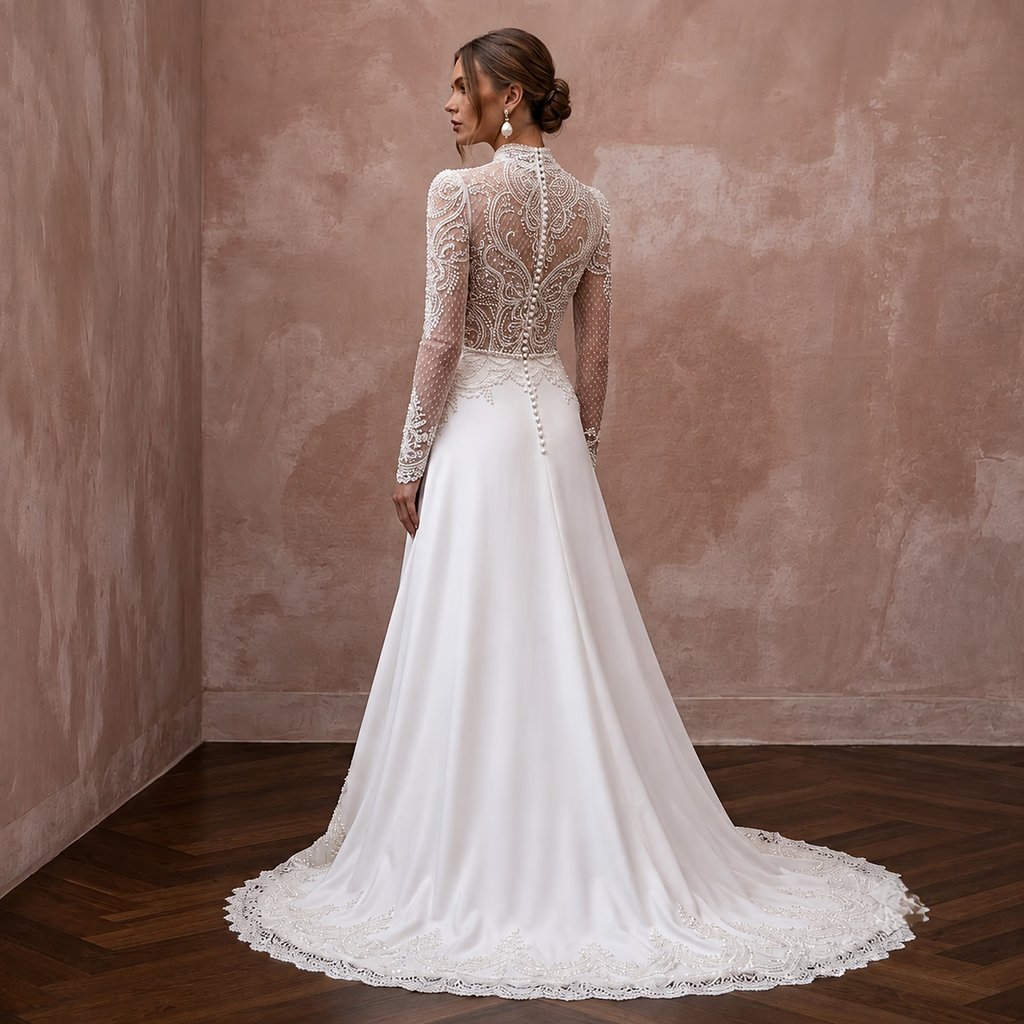 Chapel Train Wedding Dresses with Delicate Lace Borders - Apparel & Accessories > Clothing > Wedding & Bridal Party Dresses > Wedding Dresses - Mignonette Bridal