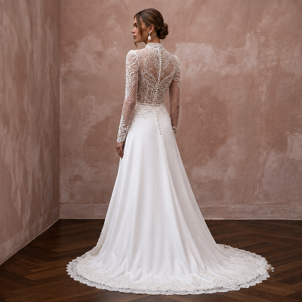 Chapel Train Wedding Dresses with Delicate Lace Borders