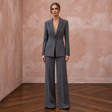 Charcoal Grey Minimalist Tailored Crepe Evening Suit with Wide Trousers