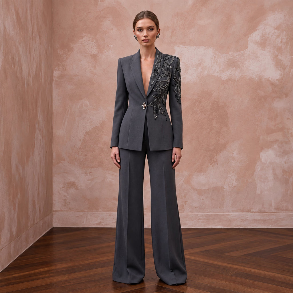Charcoal Grey Minimalist Tailored Crepe Evening Suit with Wide Trousers