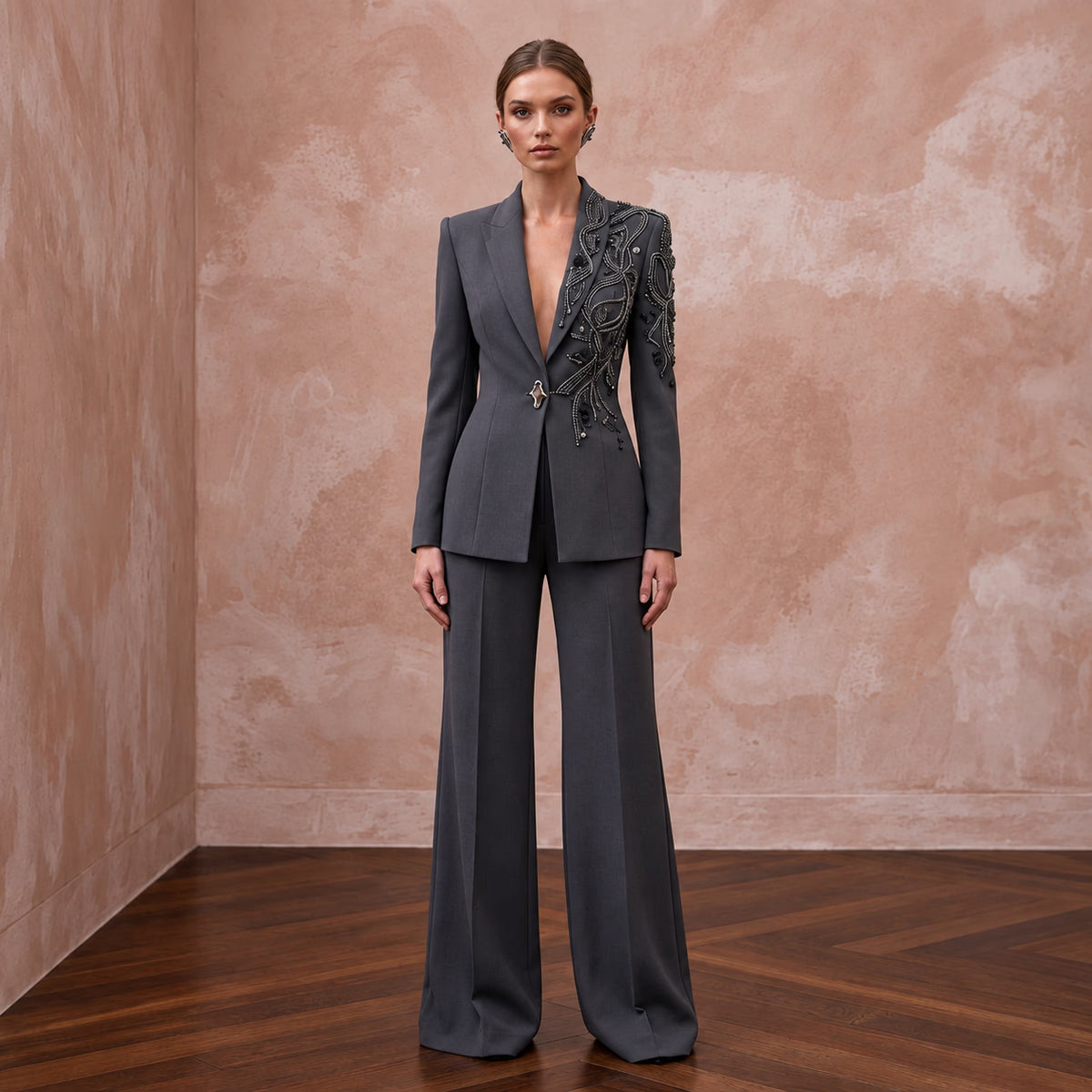 Charcoal Grey Minimalist Tailored Crepe Evening Suit with Wide Trousers
