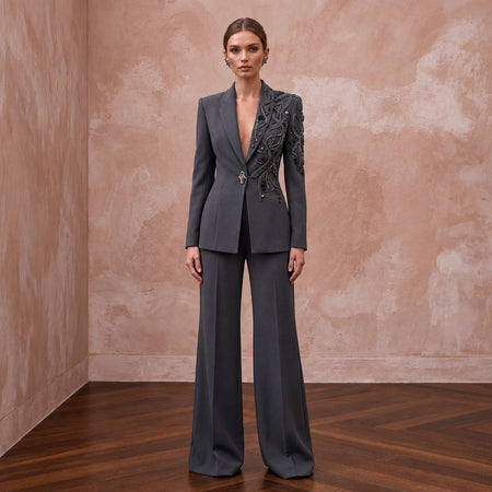 Charcoal Grey Minimalist Tailored Crepe Evening Suit with Wide Trousers