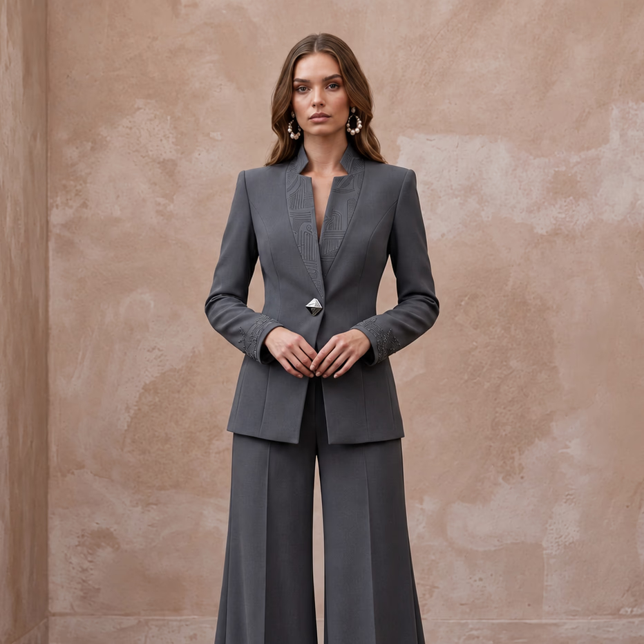Charcoal Grey Minimalist Tailored Crepe Evening Suit with Wide Trousers - Apparel & Accessories > Clothing > Wedding & Bridal Party Dresses > Wedding Dresses - Mignonette Bridal