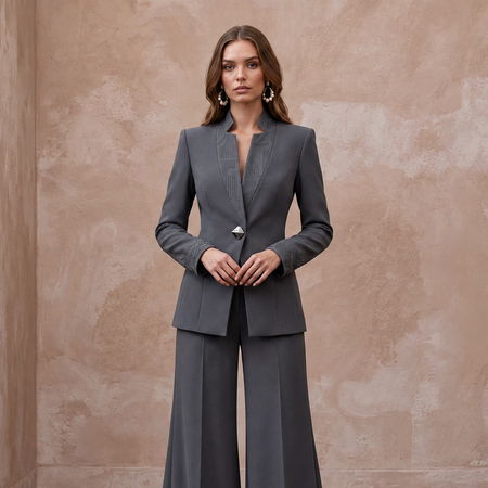 Charcoal Grey Minimalist Tailored Crepe Evening Suit with Wide Trousers - Apparel & Accessories > Clothing > Wedding & Bridal Party Dresses > Wedding Dresses - Mignonette Bridal