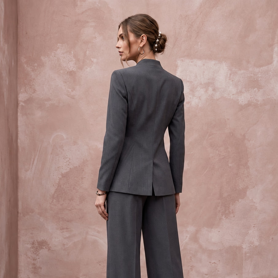 Charcoal Grey Minimalist Tailored Crepe Evening Suit with Wide Trousers