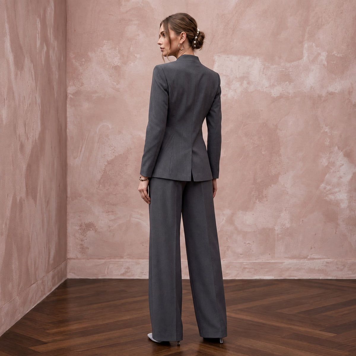 Charcoal Grey Minimalist Tailored Crepe Evening Suit with Wide Trousers