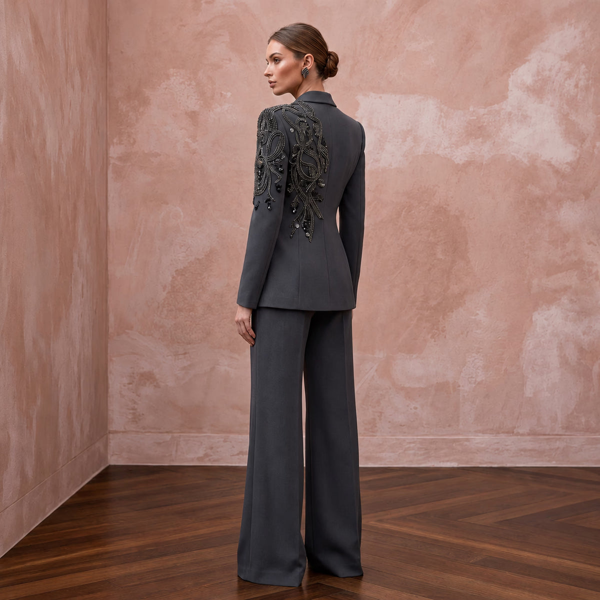 Charcoal Grey Minimalist Tailored Crepe Evening Suit with Wide Trousers