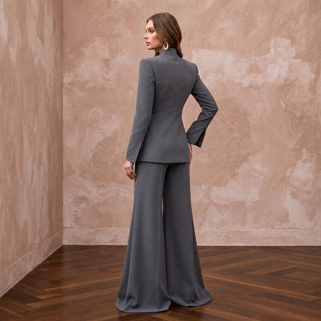 Charcoal Grey Minimalist Tailored Crepe Evening Suit with Wide Trousers - Apparel & Accessories > Clothing > Wedding & Bridal Party Dresses > Wedding Dresses - Mignonette Bridal