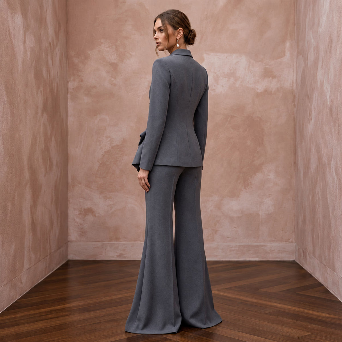 Charcoal Grey Minimalist Tailored Crepe Evening Suit with Wide Trousers
