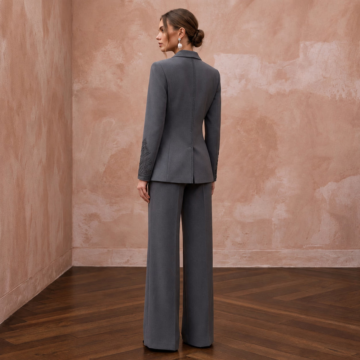 Charcoal Grey Minimalist Tailored Crepe Evening Suit with Wide Trousers