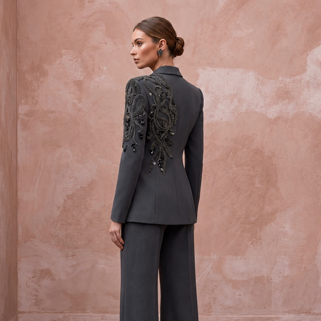 Charcoal Grey Minimalist Tailored Crepe Evening Suit with Wide Trousers