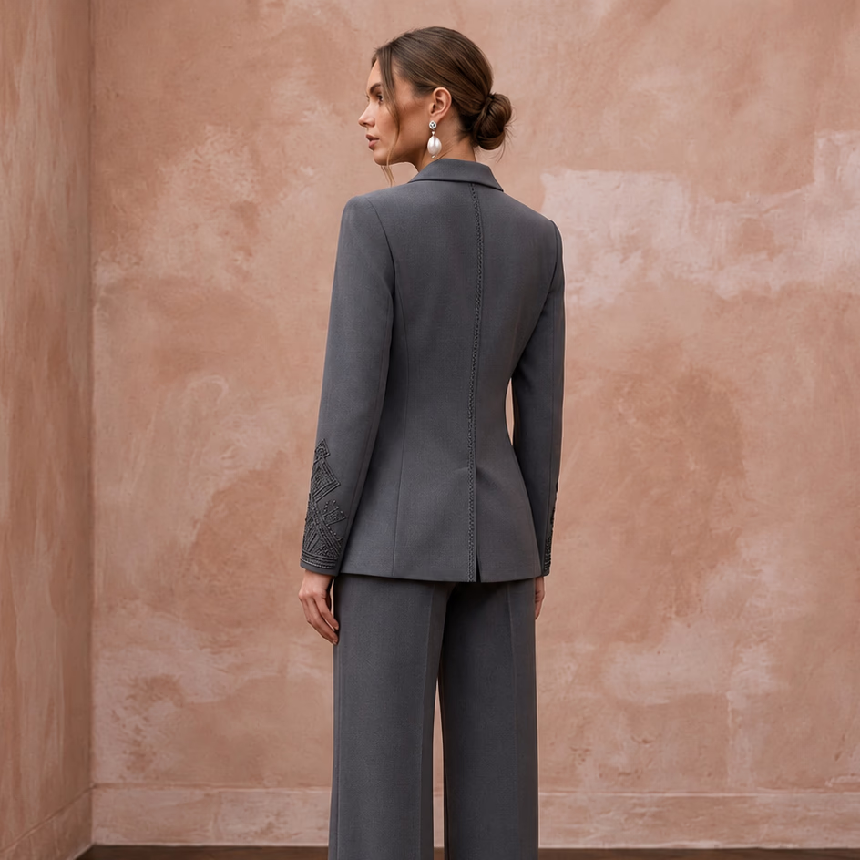 Charcoal Grey Minimalist Tailored Crepe Evening Suit with Wide Trousers