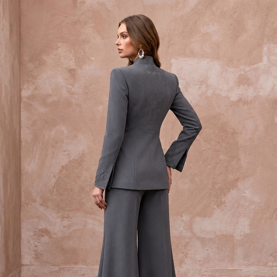 Charcoal Grey Minimalist Tailored Crepe Evening Suit with Wide Trousers - Apparel & Accessories > Clothing > Wedding & Bridal Party Dresses > Wedding Dresses - Mignonette Bridal