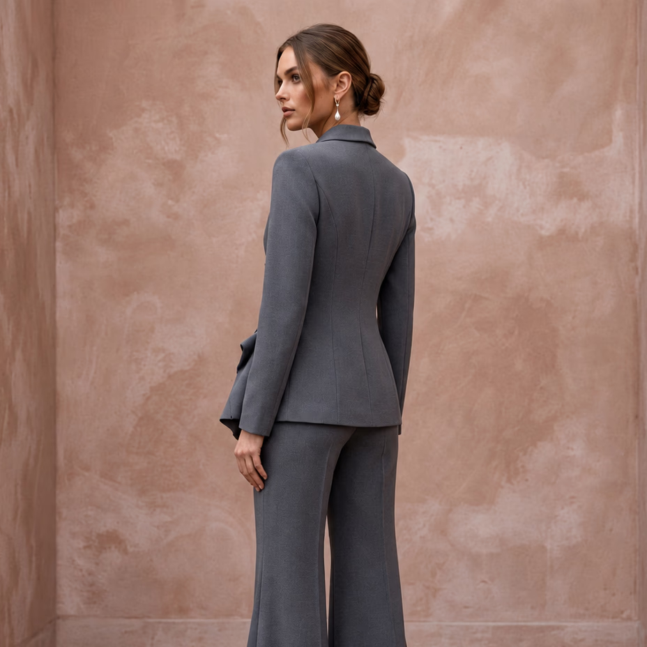 Charcoal Grey Minimalist Tailored Crepe Evening Suit with Wide Trousers