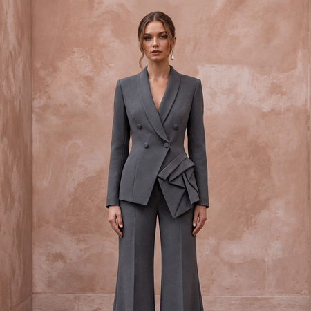 Charcoal Grey Minimalist Tailored Crepe Evening Suit with Wide Trousers