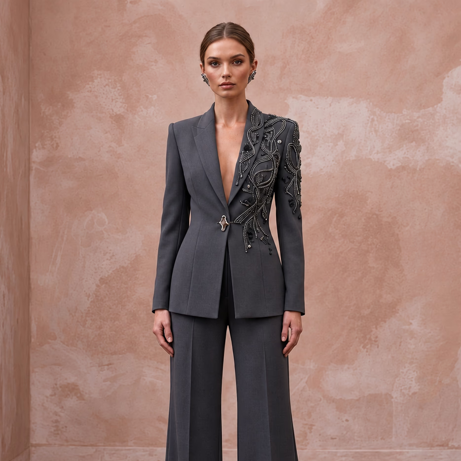 Charcoal Grey Minimalist Tailored Crepe Evening Suit with Wide Trousers