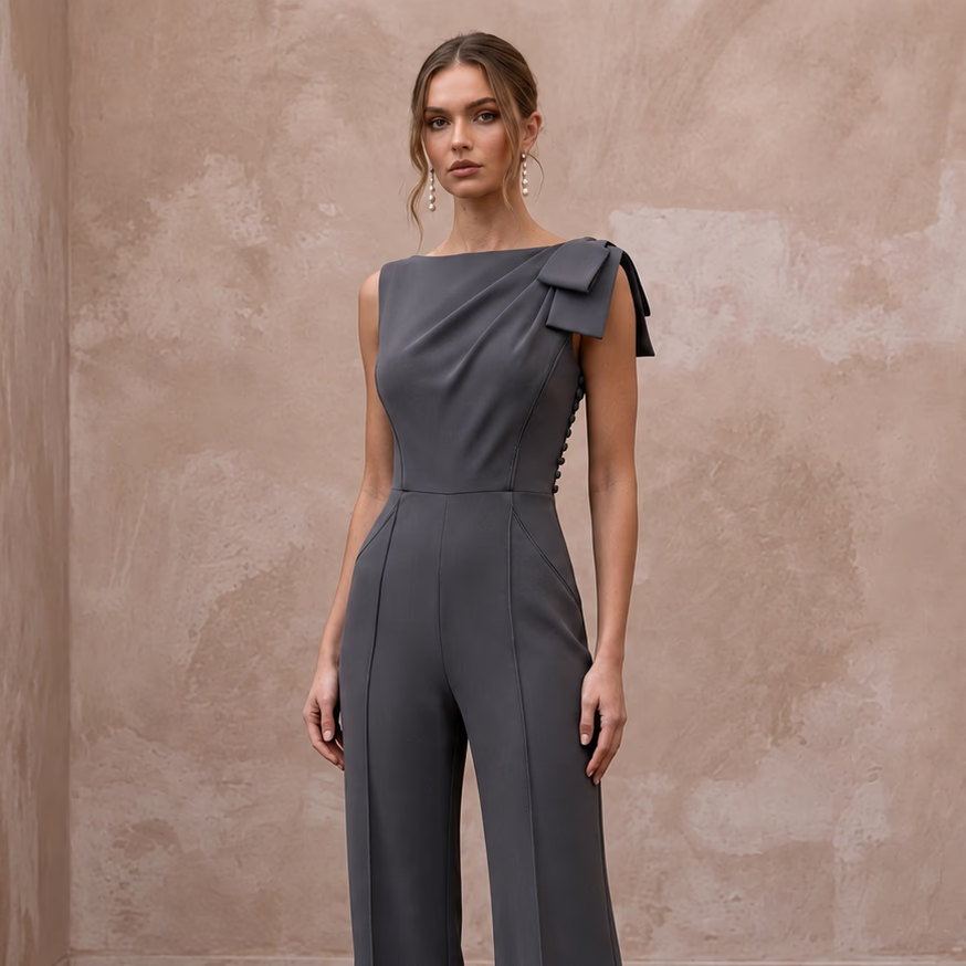 Charcoal Grey Minimalist Tailored Crepe Jumpsuit for Evening Wear - Apparel & Accessories > Clothing > Wedding & Bridal Party Dresses > Wedding Dresses - Mignonette Bridal