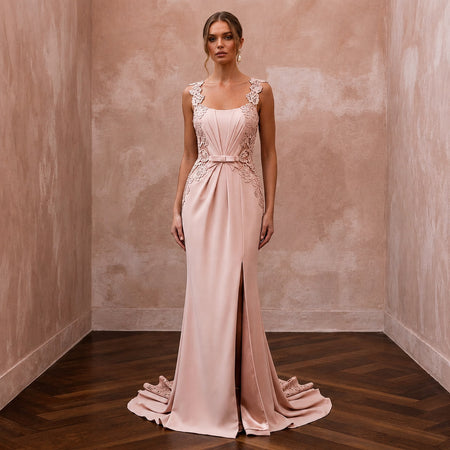 Chic Blush Stretch Crepe Sheath for Engagement Party - Apparel & Accessories > Clothing > Wedding & Bridal Party Dresses > Wedding Dresses - Mignonette Bridal