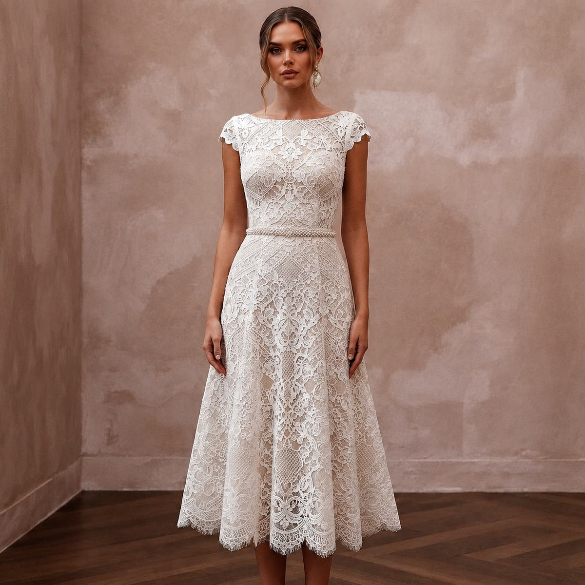 Chic Ivory Lace Fit - and - Flare Cocktail Dress for Engagement - Apparel & Accessories > Clothing > Wedding & Bridal Party Dresses > Wedding Dresses - Mignonette Bridal Main image