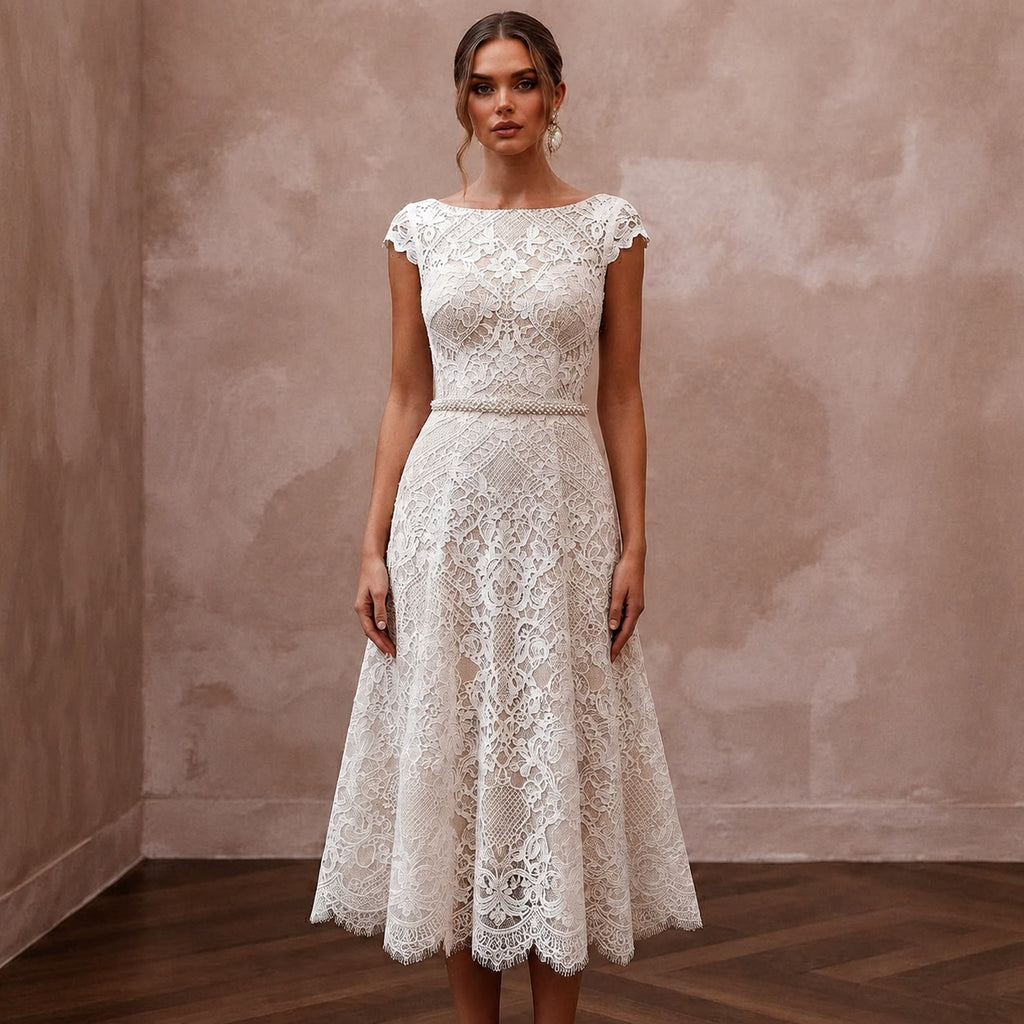 Chic Ivory Lace Fit - and - Flare Cocktail Dress for Engagement - Apparel & Accessories > Clothing > Wedding & Bridal Party Dresses > Wedding Dresses - Mignonette Bridal