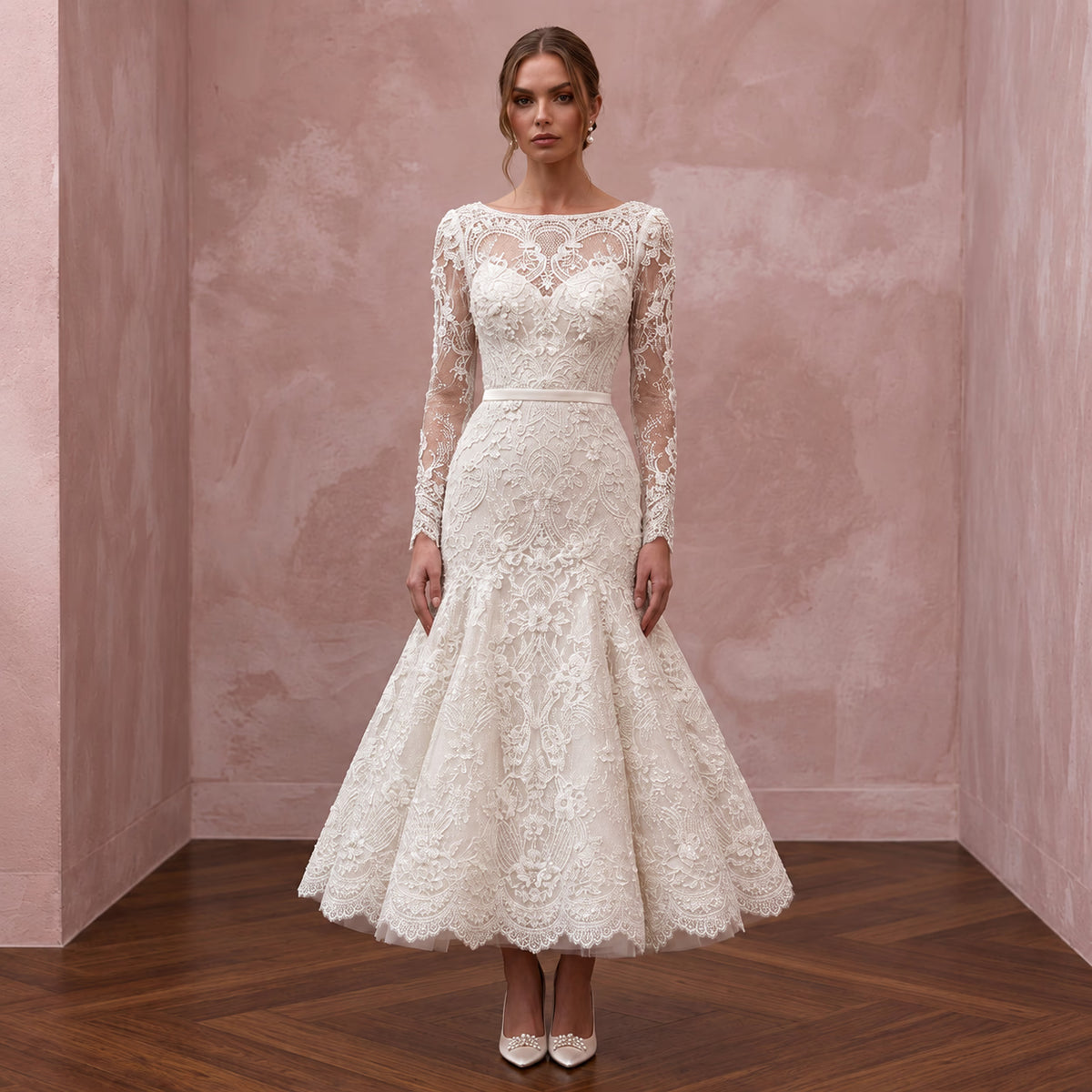 Chic Ivory Lace Fit - and - Flare Cocktail Wedding Dress for Engagement - Apparel & Accessories > Clothing > Wedding & Bridal Party Dresses > Wedding Dresses - Mignonette Bridal Main image