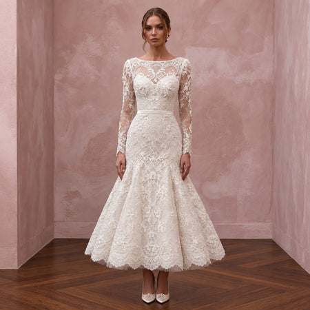 Chic Ivory Lace Fit-and-Flare Cocktail Wedding Dress for Engagement
